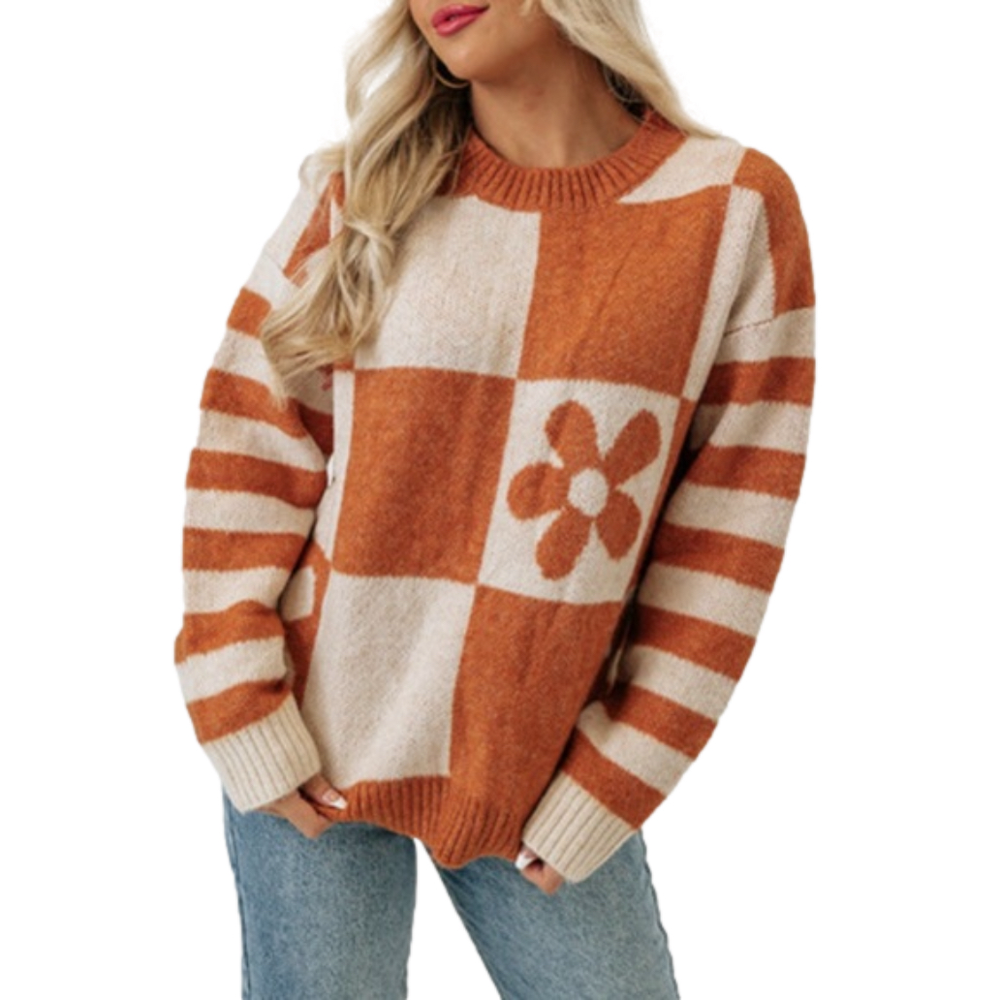 Daisy Floral Checkered & Striped Rust Orange & Cream Crewneck Sweater Boho Cozy